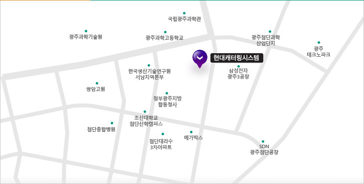 호남 사업소 약도 — 주변: 국립광주과학관, 광주과학기술원, 광주과학고등학교, 광주첨단과학산업단지, 광주테크노파크, 한국생산기술연구원 서남지역본부, 삼성전자 광주3공장, 쌍암고원, 정부광주지방합동청사, 조선대학교 첨단산학캠퍼스, 첨단종합병원, 첨단대라수 3차아파트, 메가박스, SDN 광주첨단공장