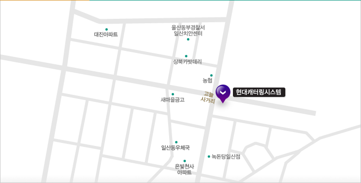 영남 사업소 약도 — 주변: 고늘사거리, 농협, 새마을금고, 상북카밧데리, 울산동부경찰서 일산치안센터, 대진아파트, 일산동우체국, 녹돈당일산점, 은빛천사아파트